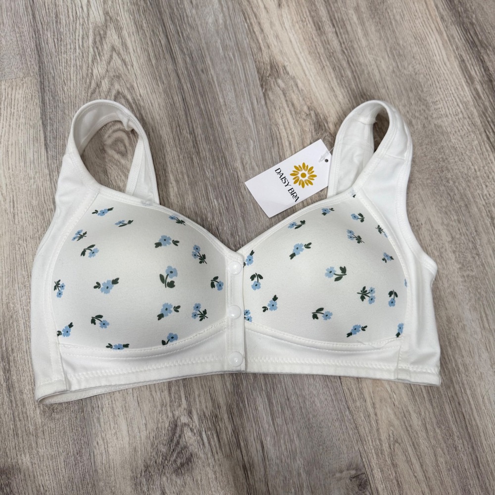 Daisy Bra Women White Blue Floral Front Closure Wireless Cotton Comfort Bra L